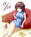  :3 bare_arms bare_legs bare_shoulders breasts brown_eyes brown_hair can coffee_mug cola cup dress eating food hairband kousei_(public_planet) large_breasts looking_at_viewer mug original pillow pocky pocky_day ribbed_sweater sitting sleeveless sleeveless_dress sleeveless_turtleneck soda_can solo stuffed_animal stuffed_toy sweater sweater_dress teddy_bear turtleneck 