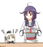  ? ahoge blonde_hair blue_eyes commentary curry food garrison_cap hair_flaps hat kantai_collection long_hair low_twintails magatama military military_uniform multiple_girls oven_mitts pot purple_hair red_eyes rexlent school_uniform serafuku table taigei_(kantai_collection) twintails u-511_(kantai_collection) uniform 