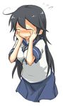  ahoge black_hair blush closed_eyes commentary_request embarrassed hands_on_own_face ito_(itokayu) kantai_collection long_hair open_mouth school_uniform serafuku skirt solo ushio_(kantai_collection) 