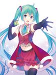 aqua_hair black_gloves black_legwear blue_eyes elbow_gloves gift gloves green_hair hatsune_miku long_hair looking_at_viewer midriff navel open_mouth ousaka_nozomi outstretched_arm skirt solo thighhighs twintails very_long_hair vocaloid 