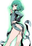  aqua_eyes aqua_hair arched_back asanagi ass black_dress breasts commentary_request covered_nipples dress green hand_on_hip index_finger_raised jpeg_artifacts long_sleeves looking_at_viewer no_panties one-punch_man short_hair small_breasts smile solo tatsumaki wind wind_lift 