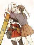  brown_hair closed_eyes gloves happy headband hug imminent_hug japanese_clothes kantai_collection multiple_girls open_mouth remodel_(kantai_collection) shoukaku_(kantai_collection) skirt smile thighhighs twintails uuron_(nkktmrrr) zuikaku_(kantai_collection) 