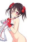  black_hair blush bokura_wa_ima_no_naka_de bow clothes_in_front covering covering_breasts fingerless_gloves gloves hair_bow heart_cutout hiraga_matsuri long_hair looking_at_viewer love_live! love_live!_school_idol_project navel nude out-of-frame_censoring red_eyes red_gloves solo sweat twintails yazawa_nico 