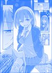  ai-chan_(tawawa) bag blazer blue blush braid comic commentary_request getsuyoubi_no_tawawa grin himura_kiseki jacket monochrome naughty_face necktie one_eye_closed pantyhose pleated_skirt school_uniform short_hair silent_comic skirt smile 