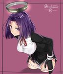  cropped_legs gloves isshiki_(ffmania7) kantai_collection leaning_forward looking_at_viewer mechanical_halo panties panty_pull pink_background pulled_by_self purple_eyes purple_hair school_uniform short_hair simple_background solo tatsuta_(kantai_collection) underwear white_panties 