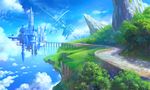 blue_sky brick_road brick_wall bridge castle cliff cloud day dome fantasy floating_castle floating_island forest kaitan nature no_humans original outdoors path road scenery science_fiction sky space_elevator tower tree 