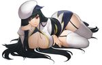  arm_support black_hair bling_(wnsdud34) breasts cleavage commission curvy dungeon_and_fighter female_slayer_(dungeon_and_fighter) garter_straps hat large_breasts long_hair looking_at_viewer panties pantyshot red_eyes simple_background solo thick_thighs thighhighs thighs underwear uniform very_long_hair white_background white_legwear wide_hips 