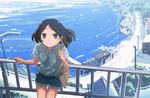  against_railing bag black_hair blue_eyes blurry denim denim_shorts depth_of_field house inami_hatoko leaning leaning_back leaning_on_object looking_at_viewer looking_up neck_ribbon ocean original railing ribbon road scenery short_hair shorts shoulder_bag smile solo street telephone_pole tunnel water wind 