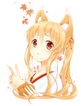  animal_ears crumbs eating fox_ears jinbara_tatsuichi leaf long_hair maple_leaf original solo upper_body 