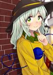  alternate_costume blush brick_wall collar collared_shirt commentary_request eyeball green_eyes green_hair hat hat_ribbon heart heart_of_string highres komeiji_koishi lips long_sleeves plaid plaid_shirt rapa_(heisei_strawberry) ribbon shirt short_hair smile solo sweater third_eye touhou 