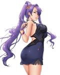  artist_request ass bangle blush bracelet breasts daibouken!_yukeyuke_osawari_island dress earrings holding holding_hair jewelry long_hair medium_breasts parted_lips purple_eyes purple_hair scrunchie solo transparent_background twintails very_long_hair 