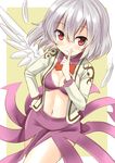  adapted_costume albino angel_wings bra breasts cleavage feathers finger_to_mouth jacket kishin_sagume long_sleeves looking_at_viewer medium_breasts midriff navel open_clothes open_jacket pink_bra red_eyes shushing silver_hair single_wing skirt smile solo taishi_(moriverine) thighs touhou underwear wings 