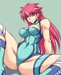  abs blue_leotard breasts cleavage commentary_request large_breasts leotard long_hair looking_at_viewer mighty_yukiko pink_hair purple_eyes smile solo spread_legs taroimo_(00120014) wrestle_angels wrestle_angels_survivor wrestling_outfit wristband 