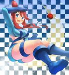  blue_eyes blue_gloves boots checkered checkered_background crop_top elbow_gloves fuuro_(pokemon) gloves kazo long_hair long_sleeves looking_at_viewer midriff open_mouth poke_ball pokemon red_hair shorts smile solo thigh_strap thighs 