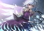  bow bowtie crossed_fingers dress feathers highres jacket kishin_sagume long_sleeves open_clothes purple_dress red_eyes shirt short_hair silver_hair single_wing solo touhou wings zeikomi 