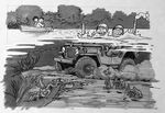  3boys boat car dust fish greyscale ground_vehicle jeep monochrome motor_vehicle multiple_boys oar octopus ootsuka_yasuo original partially_immersed partially_submerged seaweed smoke soldier starfish watercraft 