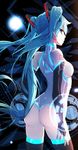  ass back bai_yemeng bare_shoulders black_legwear blue_eyes blue_hair breasts bridal_gauntlets earrings hair_ornament hatsune_miku jewelry leotard long_hair looking_at_viewer looking_back sideboob small_breasts smile solo tattoo thighhighs twintails very_long_hair vocaloid 