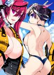  ass back bikini blue_sky breasts cleavage cloud contemporary day dragon_horns eyebrows goggles goggles_on_head highres horns huge_breasts ishida_akira karyuu_koujo large_breasts life_vest long_hair maou_(maoyuu) maoyuu_maou_yuusha multiple_girls naked_vest o-ring o-ring_bikini ocean off_shoulder official_art open_clothes open_vest parted_lips pink_eyes promotional_art purple_eyes red_hair short_hair sideboob sideways_mouth sky smile snorkel strap_gap swimsuit thick_eyebrows vest wading wet 
