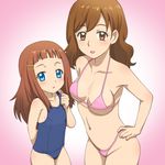  :d :o age_difference arm_behind_back armpits bangs bikini blue_eyes blue_swimsuit blunt_bangs blush body_blush breasts breasts_apart brown_eyes brown_hair cleavage clenched_hand collarbone commentary_request cowboy_shot flat_chest from_side gradient gradient_background groin hair_ornament hairclip hand_on_hip hand_on_own_chest hoshino_hina kamisama_minarai:_himitsu_no_cocotama large_breasts lipstick long_hair looking_at_viewer makeup mature meow_(nekodenki) micro_bikini multiple_girls navel one-piece_swimsuit open_mouth pink_background pink_bikini pose school_swimsuit sideboob smile string_bikini swimsuit underboob yotsuba_misato 