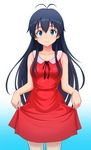  black_hair blue_eyes blush ganaha_hibiki hair_down idolmaster idolmaster_(classic) long_hair skirt_hold smile solo yoga_doujou_(misawajima) 