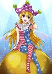  blonde_hair clownpiece facepaint fairy_wings hair_tucking hat highres jester_cap long_hair monrooru open_mouth purple_eyes sleeveless solo sparkle striped striped_legwear thighhighs touhou wings 