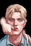  blonde_hair blue_eyes cheekbones cleft_chin eric_wilbert face hand_on_another's_cheek hand_on_another's_face hand_on_another's_shoulder hands highres jojo_no_kimyou_na_bouken kira_yoshikage male_focus nail_polish out_of_frame portrait red_nails solo_focus tongue 