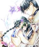  1girl black_hair braid closed_eyes couple flower graphite_(medium) hair_flower hair_ornament hand_on_another's_chest happy hetero highres hug looking_down makimachi_misao nijinohouseki rurouni_kenshin shinomori_aoshi short_hair single_braid smile traditional_media upper_body watercolor_(medium) 