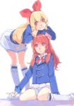  2girls aikatsu! aikatsu!_(series) akinbo_(hyouka_fuyou) bent_over blonde_hair blue_jacket bow braid brown_hair crossed_arms crown_braid hair_bow hairband hands_on_another&#039;s_head highres hoshimiya_ichigo jacket kneehighs long_hair long_sleeves looking_up miniskirt multiple_girls oozora_akari pleated_skirt red_bow red_eyes red_hairband red_ribbon ribbon shiny shiny_hair simple_background sitting skirt smile standing triangle_mouth very_long_hair wariza white_background white_legwear white_skirt 