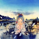  blurry bow bridge calligraphy_pen_(medium) city city_lights collarbone crying crying_with_eyes_open depth_of_field envelope green_eyes hair_bow letter long_hair looking_at_viewer luo_tianyi reflection rei_(456789io) scenery skirt smile solo tears traditional_media tree twilight vocaloid vocanese water watercolor_(medium) wind 