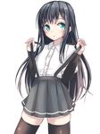  aqua_eyes arm_warmers asashio_(kantai_collection) black_hair black_legwear dress_shirt kantai_collection long_hair looking_at_viewer open_mouth shirt skirt solo suspenders_pull thighhighs tokoi 