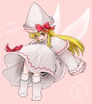  blonde_hair blush bow eighth_note fairy_wings hat hat_bow lily_white long_hair monrooru musical_note no_shoes open_mouth red_eyes solo spoken_musical_note touhou wings 