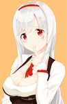  anna_(sennen_sensou_aigis) blush breasts cleavage collarbone finger_to_mouth hairband large_breasts light_smile long_hair long_sleeves looking_at_viewer nanashi_m orange_background red_eyes sennen_sensou_aigis shushing silver_hair simple_background solo upper_body 