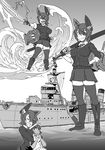  anchor arms_around_neck between_breasts boots breasts commentary_request covered_nipples dark_skin electricity eyebrows eyepatch fangs female_admiral_(kantai_collection) fingerless_gloves gloves height_difference hug hug_from_behind kantai_collection keychain knee_boots large_breasts looking_at_viewer mikoyan military military_vehicle multiple_girls necktie over_shoulder sharp_teeth sheath sheathed ship short_hair skirt sleeves_rolled_up smile sword sword_over_shoulder tatsuta_(kantai_collection) teeth tenryuu_(kantai_collection) tenryuu_(light_cruiser) thick_eyebrows thighhighs uniform warship watercraft waves weapon weapon_over_shoulder 
