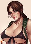  alternate_breast_size bikini blue_eyes blush breasts cleavage collarbone covered_nipples front-tie_bikini front-tie_top huge_breasts kachima lips metal_gear_(series) metal_gear_solid_v nose patreon_logo pink_background ponytail quiet_(metal_gear) simple_background solo strap_gap suspenders sweat swimsuit upper_body watermark 