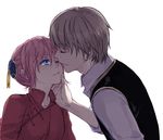  1girl bangs blue_eyes brown_hair bun_cover chinese_clothes double_bun gintama hand_on_another's_face hetero imminent_kiss kagura_(gintama) kiss loli_bushi looking_at_another okita_sougo one_eye_closed parted_lips pink_hair shirt short_hair simple_background upper_body vest white_background white_shirt 