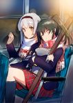  alternate_costume bag brown_eyes closed_eyes commentary_request green_hair hairband holding holding_bag kantai_collection leaning_on_person long_hair multiple_girls plaid plaid_skirt shoukaku_(kantai_collection) silver_hair sitting skirt sleeping tousaki_umiko twintails zuikaku_(kantai_collection) 