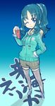  ;) blue_eyes blue_hair hand_in_pocket hanimaru_(h@nimaru) heartcatch_precure! hood hoodie kurumi_erika long_hair one_eye_closed ponytail precure scrunchie shorts smile solo thighhighs 