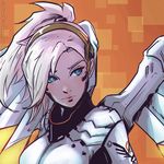  bangs blue_eyes breasts closed_mouth headband jumpsuit koyorin looking_to_the_side mechanical_wings medium_breasts mercy_(overwatch) orange_background overwatch ponytail solo white_hair wings yellow_wings 
