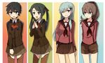  annin_musou aqua_hair arm_behind_back arms_behind_back bad_id bad_twitter_id bangs black_hair blue_eyes brown_hair commentary_request cosplay costume_switch green_eyes green_hair grey_eyes hair_ornament hair_ribbon hairclip hand_on_hip hands_together jacket kantai_collection kumano_(kantai_collection) kumano_(kantai_collection)_(cosplay) long_hair looking_at_viewer mikuma_(kantai_collection) mikuma_(kantai_collection)_(cosplay) mogami_(kantai_collection) mogami_(kantai_collection)_(cosplay) multiple_girls one_eye_closed open_mouth pleated_skirt ponytail ribbon school_uniform serafuku short_hair shorts skirt smile suzuya_(kantai_collection) suzuya_(kantai_collection)_(cosplay) swept_bangs thighhighs twintails 
