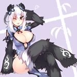  ;p animal_ears bamboo black_eyes blush breasts china_dress chinese_clothes claws cleavage crossed_legs dress fur ganesagi hand_behind_head heart highres large_breasts looking_at_viewer monster_girl monster_girl_encyclopedia one_eye_closed panda_ears paws ren_xiongmao side_slit sitting smile solo tongue tongue_out white_hair 