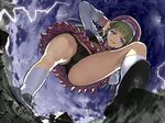  black_bra black_panties blue_eyes bra fisheye from_below giantess highres house lightning long_hair long_sleeves nakabayashi_reimei ookiku_narue panties pleated_skirt running shukushou_gakuen skirt sleeve_cuffs solo underwear upshirt upskirt 