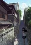  ahoge alley architecture bag berabou brown_hair cat day drinking drinking_straw east_asian_architecture highres hill house juice_box looking_back original over_shoulder path plant road scenery school_bag school_uniform sky solo town vines walking wall 