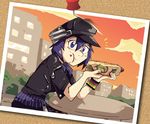  alternate_costume blue_eyes blue_hair cabbie_hat eating food food_on_face full_mouth hat hot_dog ketchup looking_at_viewer pantyhose persona persona_4 persona_4:_dancing_all_night persona_dancing photo_(object) setz shirogane_naoto short_hair skirt solo thumbtack 