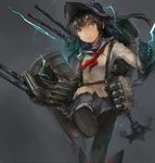  akatsuki_(kantai_collection) anchor bandana black_hair black_legwear cannon commentary_request custom_(cus-tom) flat_cap gloves grey_background hat highres kantai_collection leg_up lightning long_hair machinery mecha_musume pantyhose pleated_skirt purple_eyes sailor_collar school_uniform serafuku simple_background skirt solo 