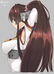  adjusting_hair arms_up breasts brown_eyes brown_hair cherry_blossoms isshiki_(ffmania7) kantai_collection long_hair medium_breasts ponytail profile solo twitter_username yamato_(kantai_collection) 
