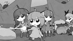  5girls :&lt; :3 :o bat_wings bike_horn bkub_(style) blender_(medium) boots bow chen chibi cirno commentary crossover dance_in_the_vampire_bund dress earrings energy_gun firing greyscale gs-mantis hair_bow hair_ribbon highres jewelry laser_beam laser_rifle long_hair lying mina_tepes monochrome multiple_girls no_hat no_headwear on_stomach outdoors parody patchouli_knowledge remilia_scarlet ribbon rock star_trek touhou twintails uniform weapon wings 