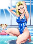  android_18 armpits arms_behind_head barefoot blonde_hair blue_eyes blush bow breasts cleavage competition_swimsuit covered_navel double_v dragon_ball dragon_ball_z hair_bow hair_intakes innertube looking_at_viewer marron medium_breasts mother_and_daughter multiple_girls one-piece_swimsuit one_knee partially_submerged pool poolside sen_(sansui) short_hair sparkle sun sunlight swimsuit toenail_polish twintails v water wet window 