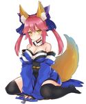  absurdres animal_ears bare_shoulders black_legwear blush bow breasts cleavage detached_collar detached_sleeves fate/extra fate_(series) fox_ears fox_tail hair_bow hair_ribbon highres japanese_clothes large_breasts long_hair looking_at_viewer monobe_tsukuri pink_hair ribbon simple_background sitting smile solo tail tamamo_(fate)_(all) tamamo_no_mae_(fate) thighhighs twintails wariza white_background yellow_eyes 