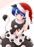  blue_eyes blue_hair blush commentary doremy_sweet dress hand_on_headwear hat pom_pom_(clothes) short_hair solo sweat tail tapir_tail touhou unya 