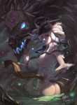  blue_eyes bow censored highres hung_wan_yu kindred lamb_(league_of_legends) league_of_legends nude solo weapon white_hair 